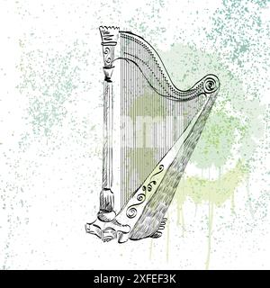 Handgezeichnete Illustration einer alten Harfe. Stock Vektor