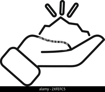 Liniensymbol einer Hand, die einen Berg hält, mit drei Linien darüber, die den Gipfel und die leuchtenden Lichtstrahlen darstellen Stock Vektor