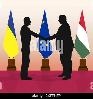 Juli 2024. Kiew. Silhouette von Viktor Orban und Wolodymyr Zelenskyy. Den Hintergrund der Flaggen Ungarns, der Ukraine und der Europäischen Union zu gewinnen Stockfoto