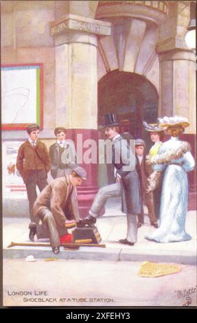 Postkarte London Life: Shoeblack at a Tube Station in Oilette Series veröffentlicht von Raphael Tuck & Sons um 1908 Stockfoto