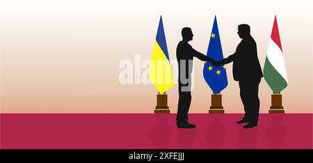 Juli 2024. Kiew. Silhouette von Viktor Orban und Wolodymyr Zelenskyy. Den Hintergrund der Flaggen Ungarns, der Ukraine und der Europäischen Union zu gewinnen Stockfoto