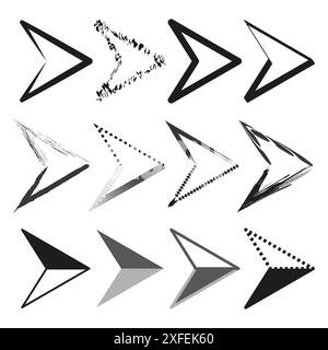 Sammlung der Pfeilsymbole. Verschiedene Schwarzweiß-Styles. Pfeile des geometrischen Vektors. Verschiedene Richtungssymbole. Stock Vektor