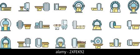 Symbole für die Magnetresonanztomographie legen den Konturvektor fest. CT-Scan. Medizinische Radiologie dünne Linie flach auf weiß Stock Vektor