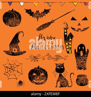 Set mit halloween-Symbolen. Vektorabbildung. Stock Vektor
