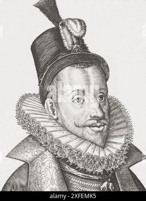 Albert VII., 1559–1621. 1619 herrschte er für einige Monate Erzherzog von Österreich und gemeinsam mit seiner Frau Isabella Clara Eugenia, Souveränin der Habsburger Niederlande zwischen 1598 und 1621. Nach einem Druck von Lambert Cornel, nach einem Werk von Antonie Wierix II Stockfoto