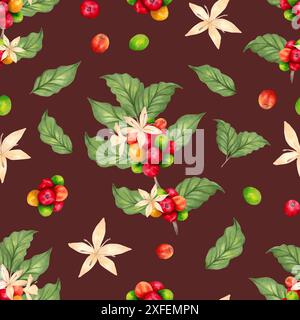 Nahtloses Muster von Kaffeezweigen, Beeren, Blumen. Aroma von Robusta- und Arabica-Sorten. Kaffeetag. Aquarellabbildung. Geeignet für Stockfoto