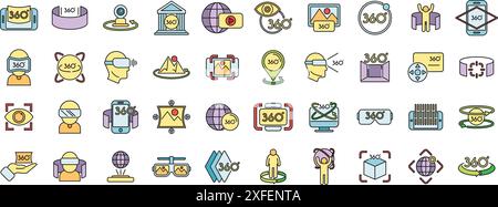 Symbole für virtuelle Rundgänge legen den Konturvektor fest. Video-Pfeil. App Design dünne Linie flach auf weiß Stock Vektor