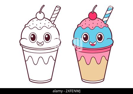 Cartoon Ice Cream Set Icon Logo, Sommer Elemente Design, lustiges Eis in Pappbecher mit Beeren und Streuseln, isoliert auf weißem Hintergrund. Vektorabbildung Stock Vektor