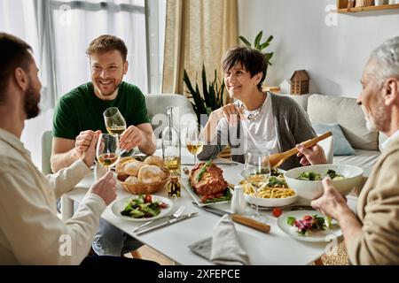 Ein schwules Paar teilt ein Essen mit Eltern in gemütlicher Atmosphäre. Stockfoto