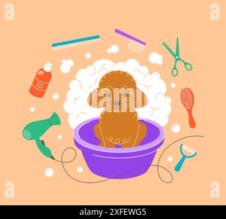 Niedlicher kleiner Pudel, der ein Bad in einer Plastikschale mit Seifenschaum, Blasen und Pflegeutensilien wie Haartrockner, Schere, Shampoo, Bürsten, Kämme nimmt. Stock Vektor