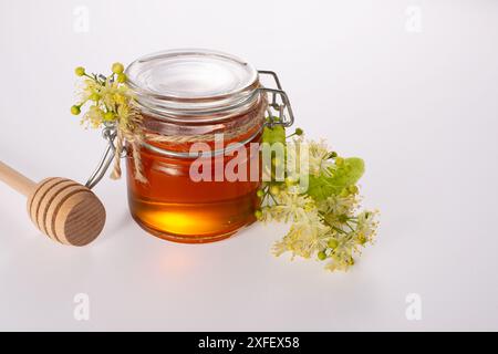 Ein Glas mit flüssigem Honig aus Lindenblüten, mit Honig und frischen Blumen auf weißem Hintergrund. Kopierbereich. Nahaufnahme Stockfoto