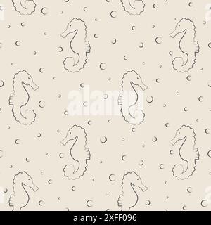 Niedliches Meer- und Ozeancartoon-Seepferdchen-Skizzenmuster. Nahtloser Hintergrund mit Unterwasser-2D-Zeichen. Endlose Vektortextur für digitale Papiere Stock Vektor