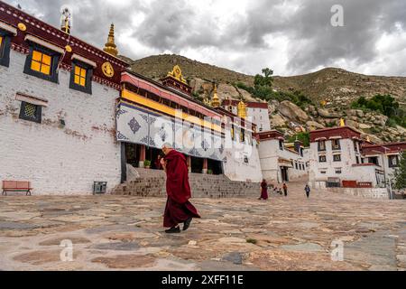 Tibet, Lhasa, China, Juli 04, 2022. Mönchspaziergang im buddhistischen Kloster Sera aus dem 15. Jahrhundert in der Nähe von Lhasa Stockfoto