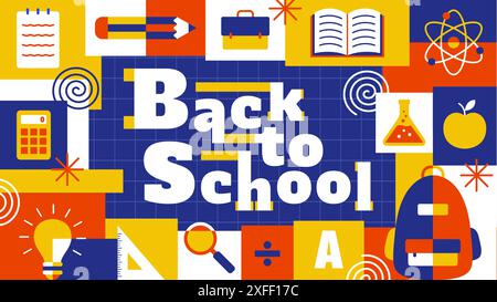 Zurück zur Schule geometrisches Banner mit Schulbedarf. Designvorlage für Poster, Flyer, Broschüre. Vektorabbildung Stock Vektor