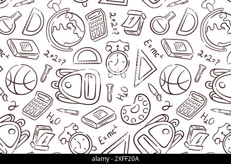 Back to School Line Art nahtloses Muster. Handgezeichnetes Objekt, das von Bleistift, Stift, Buch, Tasche, Lineal, Globus, Alarm. Vektorabbildung auf weiß Stock Vektor