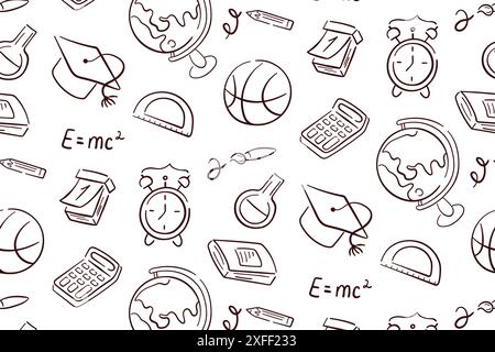 Nahtloses Schulmuster im Line-Art-Stil. Bildung, Wissenschaftskonzept. Back-to-School-Design mit Notizbuch, Kugel, Taschenrechner Stock Vektor
