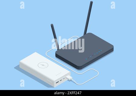 Isometrische Powerbank und Router im Hintergrund isoliert. Elegantes Ladegerät, wiederaufladbarer Akku. Tragbares Ladegerät Stock Vektor