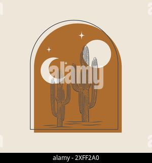 Minimalistisches Logo-Design mit Kakteen-Illustration. Moderne ästhetische Vektorkunst, Wüstentraumabzeichen. Künstlerisches 2D-Design im Boho-Stil für Branding. S Stock Vektor