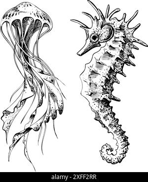 Seepferdchen und Quallen. Marine Illustration der Unterwasserwelt, handgezeichnet in schwarzer Tinte. Vektorclip-Art-Set in EPS. Stock Vektor