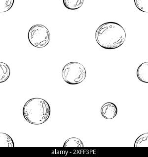 Runde Wasserblasen, Seife. Marine Illustration der Unterwasserwelt, handgezeichnet in schwarzer Tinte. Nahtloses Vektor-Muster, Muster Stock Vektor