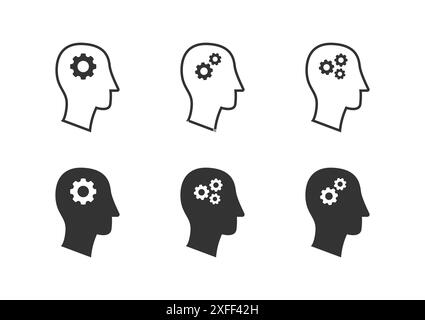 Symbolsatz „Zahnrad im Kopf“. Menschlicher Kopf mit Zahnrädern im Inneren. Der Kopf des Menschen denkt. Illustration des flachen Vektors. Stock Vektor