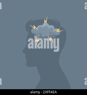 Männliche Profilsilhouette mit Sturmwolke und Blitz im Kopf. Psychische Gesundheitskonzepte. Illustration des flachen Vektors Stock Vektor