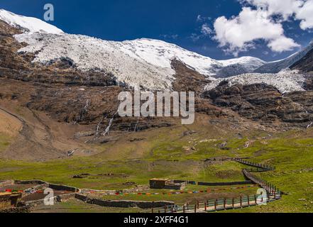 Ein Bild des Karo-la-Gletschers (Berg Noijin Kangsang) aus dem Jahr 2019 in Tibet, der aufgrund der globalen Erwärmung rasch zurückgeht. Stockfoto