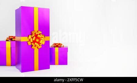 Halloween Geschenkboxen mit orange und lila Farben auf weißem Hintergrund und Kopierraum, 3D-Rendering. Stockfoto