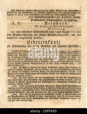 Originaldokument des bundesvertrages – der Bundesvertrag war die Rechtsgrundlage für die neue Schweizerische Eidgenossenschaft von 1815. Sie entstand nach Interventionen der Großmächte der Sechsten Koalition, die Napoleon besiegte. Der Bundesvertrag von 1815 ist die völkerrechtliche Grundlage der Schweizerischen Eidgenossenschaft. Er definierte einen Staatenbund zwischen 22 unabhängigen Kantonen. Er stellte während der Zeit von Restauration und Regeneration, von 1815 bis zur Bundesverfassung von 1848, die Rechtsgrundlage der Schweiz dar. Stockfoto