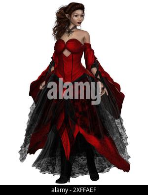 Elfenprinzessin in rotem Kleid, Vorderansicht Stockfoto