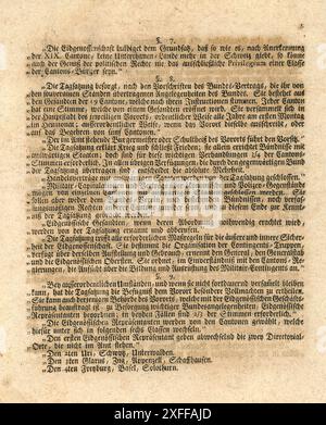 Originaldokument des bundesvertrages – der Bundesvertrag war die Rechtsgrundlage für die neue Schweizerische Eidgenossenschaft von 1815. Sie entstand nach Interventionen der Großmächte der Sechsten Koalition, die Napoleon besiegte. Der Bundesvertrag von 1815 ist die völkerrechtliche Grundlage der Schweizerischen Eidgenossenschaft. Er definierte einen Staatenbund zwischen 22 unabhängigen Kantonen. Er stellte während der Zeit von Restauration und Regeneration, von 1815 bis zur Bundesverfassung von 1848, die Rechtsgrundlage der Schweiz dar. Stockfoto