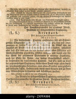 Originaldokument des bundesvertrages – der Bundesvertrag war die Rechtsgrundlage für die neue Schweizerische Eidgenossenschaft von 1815. Sie entstand nach Interventionen der Großmächte der Sechsten Koalition, die Napoleon besiegte. Der Bundesvertrag von 1815 ist die völkerrechtliche Grundlage der Schweizerischen Eidgenossenschaft. Er definierte einen Staatenbund zwischen 22 unabhängigen Kantonen. Er stellte während der Zeit von Restauration und Regeneration, von 1815 bis zur Bundesverfassung von 1848, die Rechtsgrundlage der Schweiz dar. Stockfoto