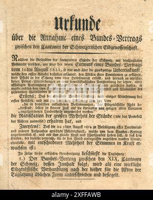 Originaldokument des bundesvertrages – der Bundesvertrag war die Rechtsgrundlage für die neue Schweizerische Eidgenossenschaft von 1815. Sie entstand nach Interventionen der Großmächte der Sechsten Koalition, die Napoleon besiegte. Der Bundesvertrag von 1815 ist die völkerrechtliche Grundlage der Schweizerischen Eidgenossenschaft. Er definierte einen Staatenbund zwischen 22 unabhängigen Kantonen. Er stellte während der Zeit von Restauration und Regeneration, von 1815 bis zur Bundesverfassung von 1848, die Rechtsgrundlage der Schweiz dar. Stockfoto