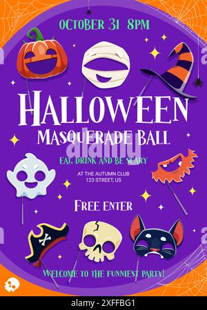 Halloween Maskerade Ball Party Flyer mit Cartoon Urlaub Foto Stand Masken und Requisiten. Vektor-Einladungsbanner mit gespenstischem Kürbis, Schädel, schwarzer Katze und Hexenhut oder Piratenbart. Geist, Mumie und Stock Vektor