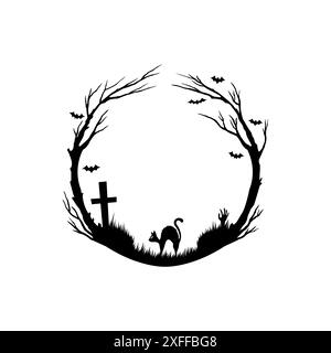 Halloween gruseliger runder schwarzer Rahmen. Gruselige Halloween-Weihnachtsdekoration, böse Magie oder Horror gruselige Vektorrand oder Rahmen mit schwarzer Katze, Friedhof Grabkreuz und trockenem Holz, fliegende Fledermäuse Silhouetten Stock Vektor