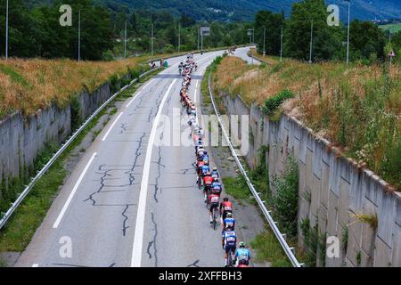 Saint Vulbas, Frankreich. Juli 2024. Das Feld wurde während der 5. Etappe des Tour de France-Radrennens 2024 von Saint-Jean-de-Maurienne nach Saint-Vulbas (177, 4 km) am Mittwoch, den 03. Juli 2024, in Aktion gezeigt. Die 111. Ausgabe der Tour de France beginnt am Samstag, den 29. Juni und endet am 21. Juli in Nizza. BELGA FOTOPOOL LUCA BETTINI Credit: Belga Nachrichtenagentur/Alamy Live News Stockfoto