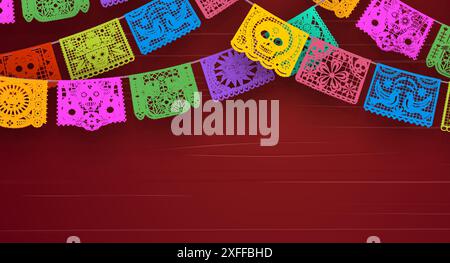 Mexikanischer Feiertagshintergrund mit papiergeschnittenen Picadoflaggen Girlanden. Vektor festliche Fahnen von Cinco de Mayo und Dia de Los Muertos mit Catrina Calavera Zuckerschädel, Blumen und Vogelmuster Stock Vektor