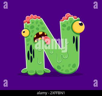 Halloween Schriftart, Buchstabe N als Cartoon Zombie Schleim Charakter für Horror Alphabet, Vektor ABC. Schriftart für Halloween-Feiertage oder gruselige Schriftart für Kinder mit dem Buchstaben N als Zombie-Monster mit Gehirn für Typografie Stock Vektor
