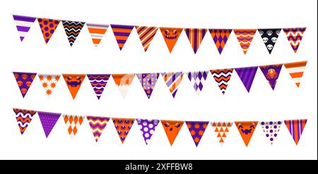 Halloween-Weihnachtsgirlanden-Wimpel. Herbstveranstaltung, Oktober-Horrorfeiertag oder Happy Halloween-Feier isolierte Vektor-Wimpel-Flaggendekorationen mit Monster-Gesichtern, Schädel, Spinne und bunten Mustern Stock Vektor