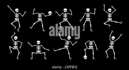 Halloween skeleton dance. Vector set of funny characters in different poses. Creepy skeletons, dead personages dancing, squatting, juggling skull, and playing, animation sequence frame, game sprite Stock Vektor