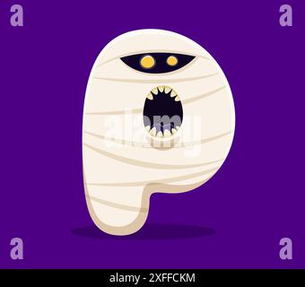 Halloween Schriftart, Buchstabe P Cartoon Mumie Zombie oder Horror Monster, Vektor Alphabet Typ. Halloween-Schriftart oder gruseliges ABC für Kinder, Buchstabe P in Form eines lustigen Monster-Mumiencharakters für Trick-or-Treatment-Typ Stock Vektor