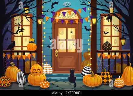 Halloween Tür Veranda mit gemusterten Kürbissen und gruseligen Geister Silhouette hinter Fenstern, Comic Vektor. Halloween-Feiertage und Trick or Treat Party mit Buh Kürbissen, Hexe schwarzer Katze und Fledermäusen an der Tür Stock Vektor
