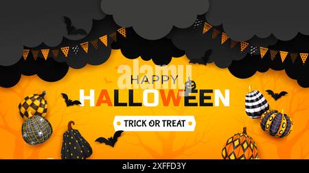 Halloween Papier geschnittene Banner mit schwarzen Wolken, gemusterte Kürbisse und Wimpelgirlande, Cartoon Vektor. Fröhliche Halloween-Begrüßung und Party-Banner mit Kürbissen und Fledermäusen aus Papier Stock Vektor