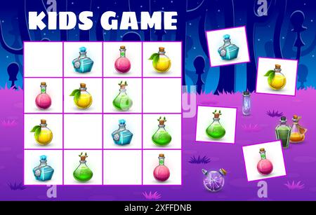 Halloween-Kinder-Sudoku-Spiel mit Tränkflaschen. Vektor-Brettspiel-Rätsel-Arbeitsblatt mit Zeichentrick-bunten Brauflaschen auf kariertem Brett. Pädagogische Aufgabe, Kinder Kreuzworträtsel Teaser für Freizeitspaß Stock Vektor