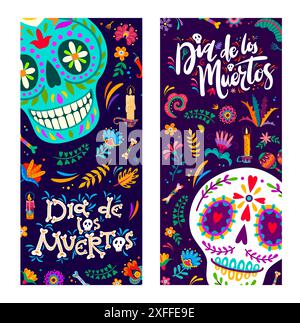 Tag der Toten mexikanische Feiertagsbanner, Dia de los Muertos calavera Schädel mit Blumen, Kerzen und Knochen. Vertikale Vektorkarten mit Calacaköpfen und traditionellen farbenfrohen tropischen Alebrije-Blüten Stock Vektor