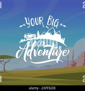 Felsenlandschaft im Freien. Adventure Time Emblem mit Zeichentrickhintergrund einer wunderschönen Landschaft Stock Vektor