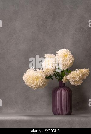 Blumenstrauß aus weißen Blumen. Astern in einer violetten Vase auf grauem Hintergrund. Die Schönheit des Hauses. Komfort, Ruhe. Stockfoto