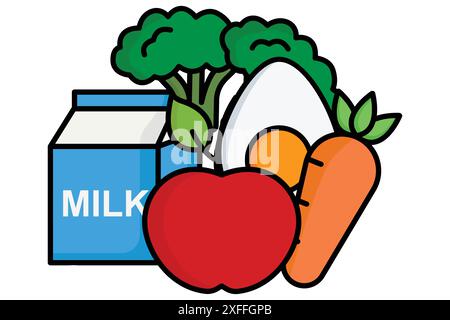 Symbol für gesunde Lebensmittel. Brokkoli, Milch, Eier, Apfel, Karotten. Symbol für Ernährung. Symbolstil für farbige Umrisse. Vektorillustration für Nährstoffelemente Stock Vektor