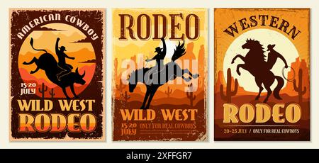 Westliches Poster. Cowboys-Rodeo aktuelle Vektor-Vintage-Plakate im alten Stil mit Platz für Text Stock Vektor