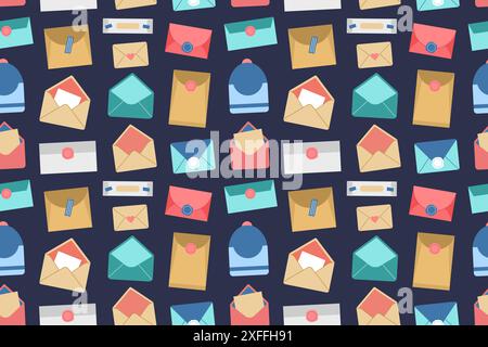 Nahtloses Muster mit verschiedenen Briefumschlägen. Vektorhintergrund für Postzustellung. Flaches Design. Textur der Buchstaben Stock Vektor